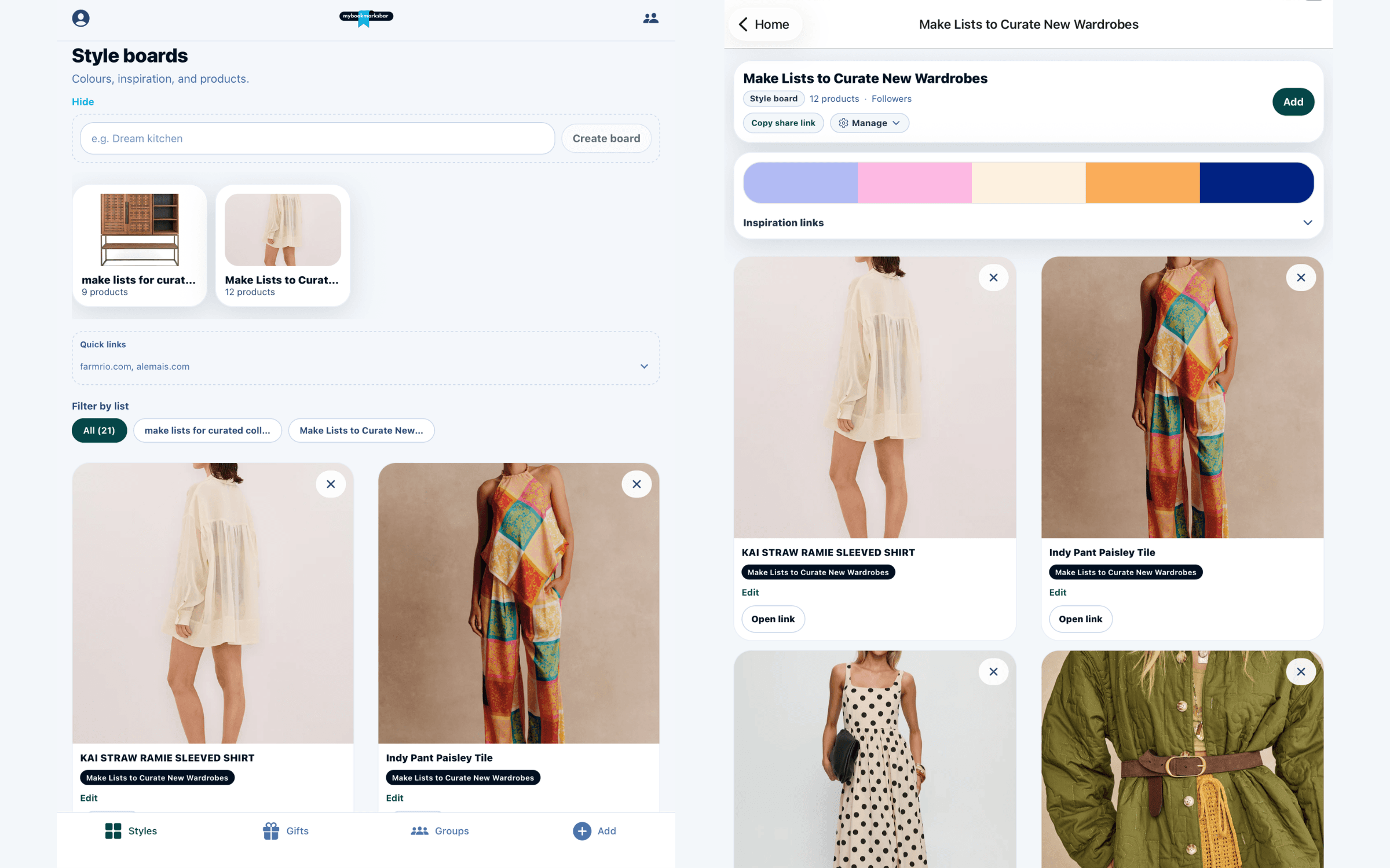 Style boards with colour palette and inspiration