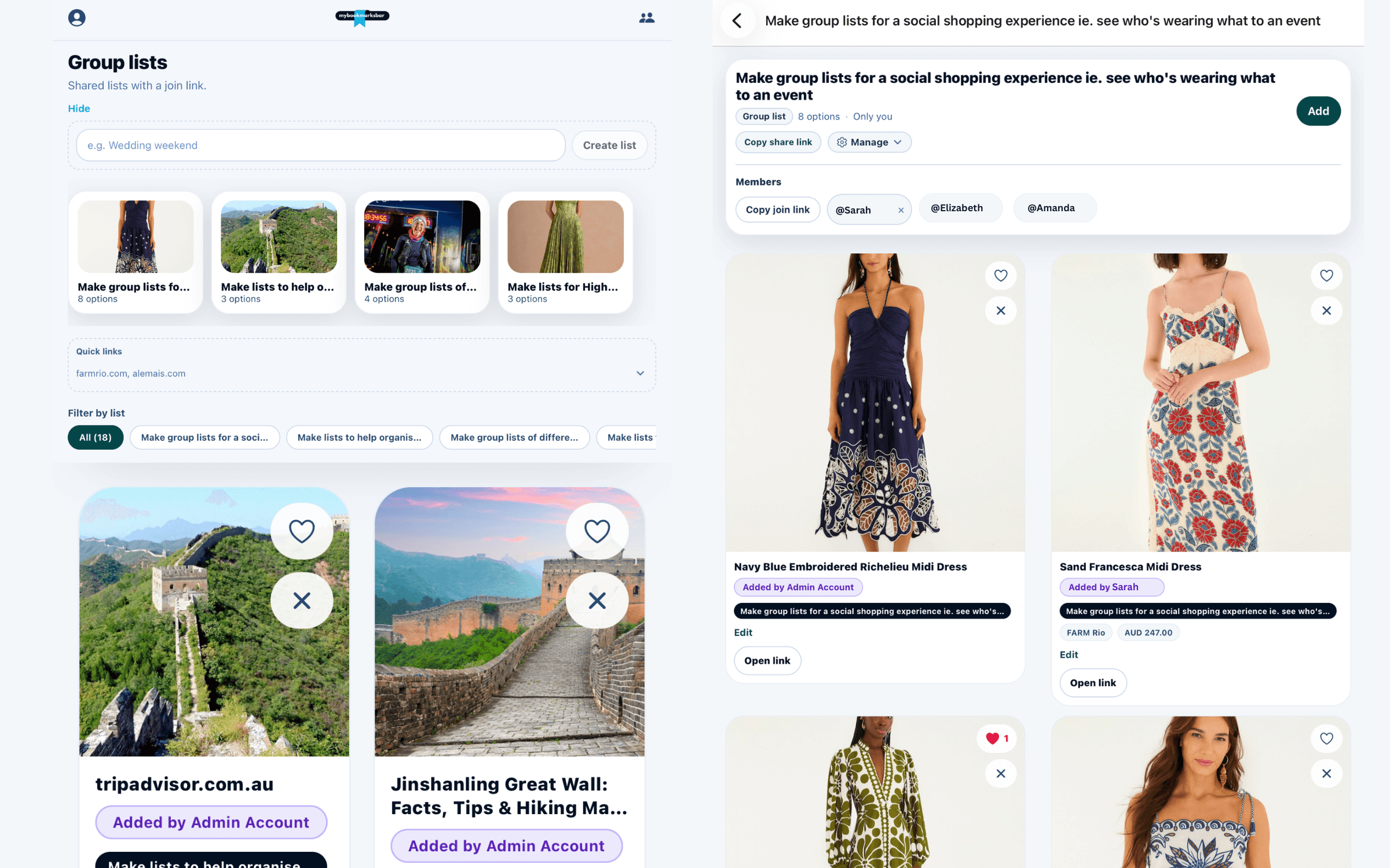 Group lists — coordinate outfits for an event or plan travel together