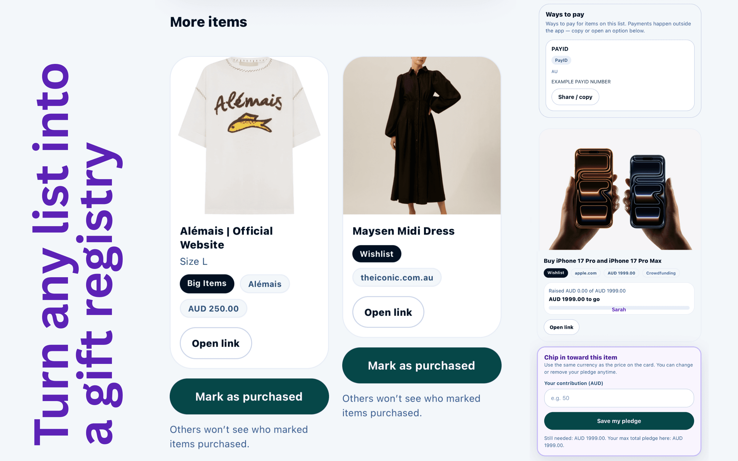 Gift registry with mark purchased and chip in